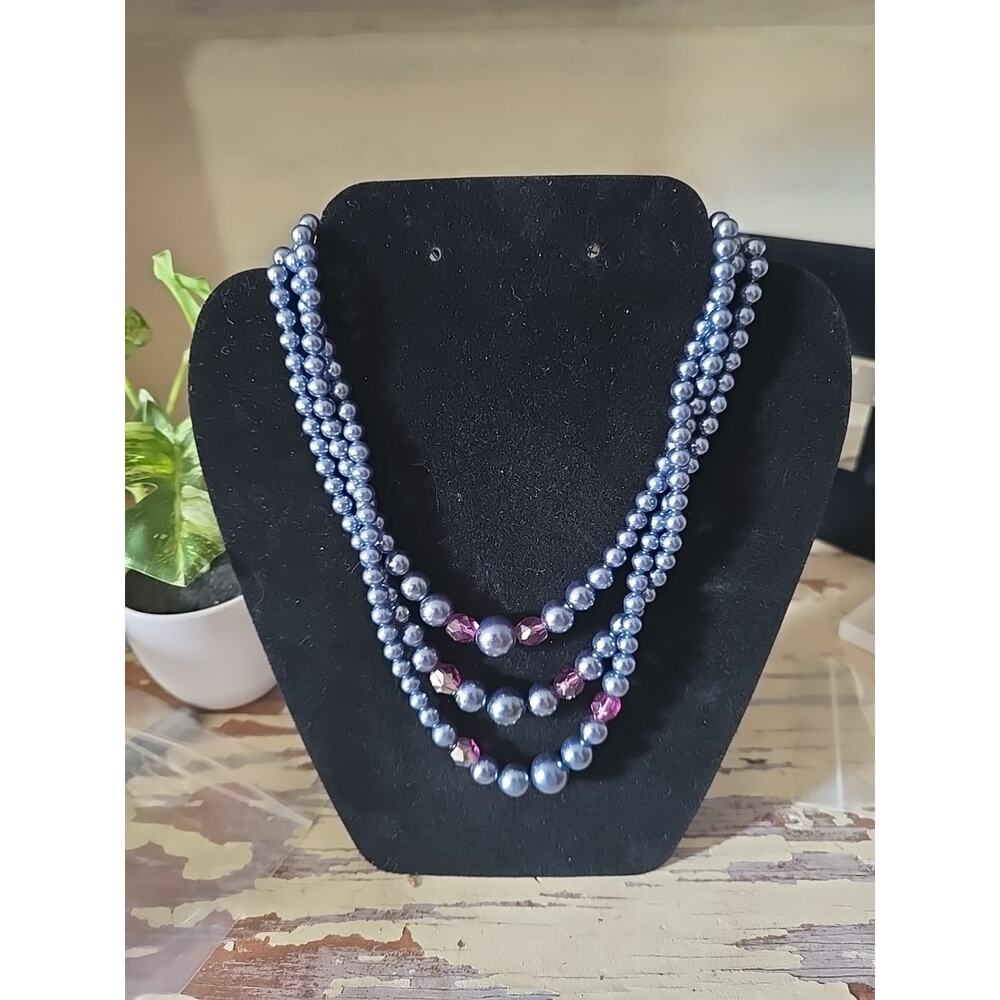 Vtg Blue Round 3-Strand Japan Minimalist Costume Fashion Jewelry Beaded Necklace